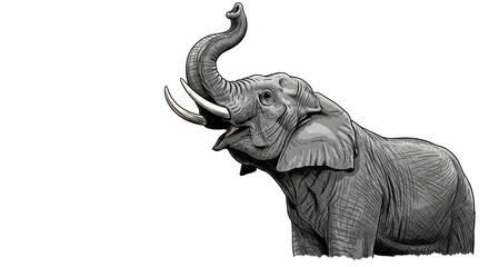 Illustration of an elephant with its trunk raised in the air against a black background space filler