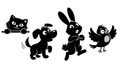 Obraz premium Cartoon silhouettes of a cat peeking, dog walking, rabbit running, and bird flying.