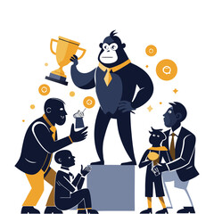 Silhouette of Ape Presenting Awards to Team – Primate Ceremony Vector Art, Wildlife Teamwork Concept, Monkey Leader Illustration for T-Shirts, Posters, Logos