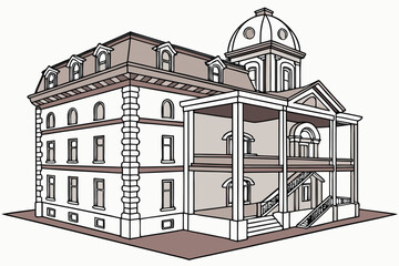 Fototapeta premium Illustration of a three story building with a dome and a porch with stairs and multiple windows and dormers