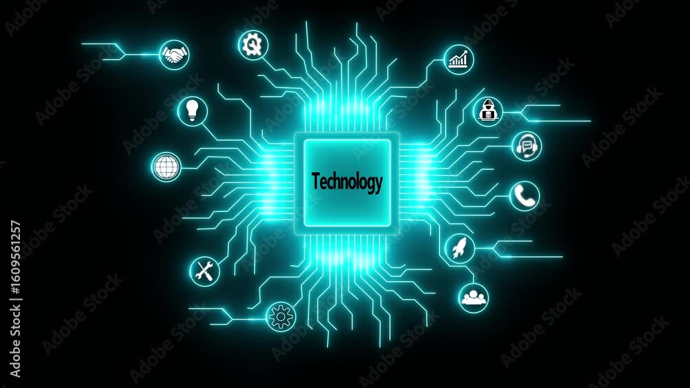 Poster glowing technology text with a futuristic and digital aesthetic, ai agent- businessman working with 