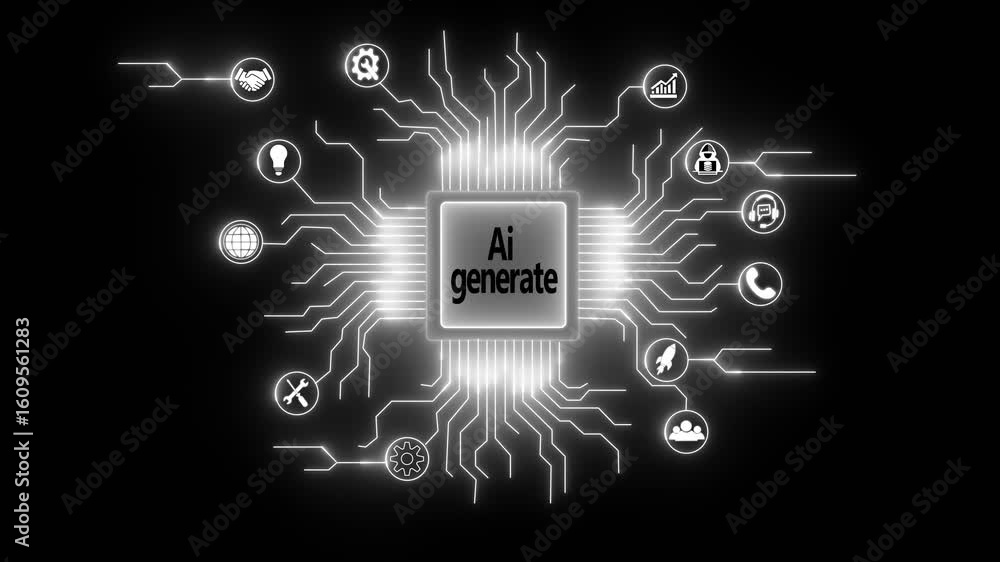 Poster glowing ai generate text with a futuristic and digital aesthetic, ai agent- businessman working with