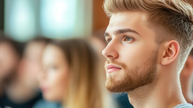 University Group of graduate students attending a research seminar at a prestigious university.