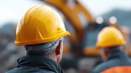 Construction site with workers wearing safety helmets, heavy machinery in action. Industry, development. Dynamic.