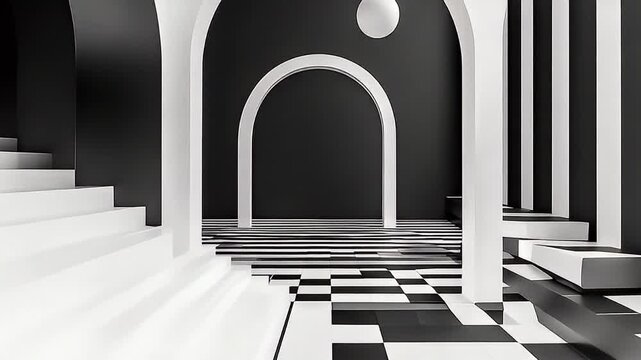 Geometric space with black walls, checkered floor, white arches, steps, and a suspended white orb