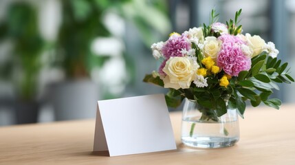 Close-up of congratulatory card and flowers on table at company milestone party