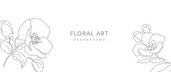 Abstract floral background with minimal flowers and leaves in line art style. Hand drawn botanical elements. Vector illustration for card, banner, print, poster, cover, wedding invitation, packaging