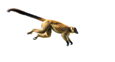 A lemur with a long tail is captured mid jump against a black background in a wildlife photograph