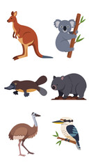 Fototapeta premium Illustrations of various Australian native animals, showcasing their unique features and habitats.