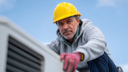 Technician fixing HVAC system on rooftop