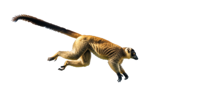 A lemur with a long tail is captured mid jump against a black background in a wildlife photograph