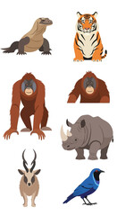 Fototapeta premium A collection of various illustrated animals, each depicted in a simple, cartoon-like style, isolated on white.