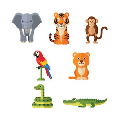 Fototapeta premium A vibrant collection of cartoon wild animals, including an elephant, tiger, monkey, parrot, lion, snake, and alligator.