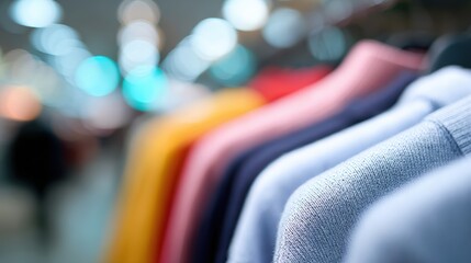 Abstract background of blurred racks of clothes, fashion retail. Style, variety. Soft focus.