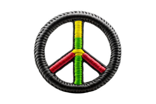Colorful peace symbol with vibrant threads on a transparent background
