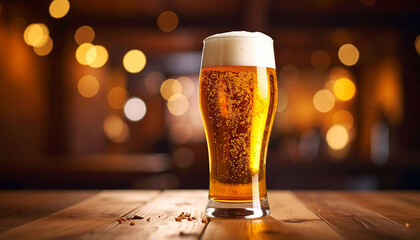 glass of beer on wooden table