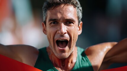 Runner crossing finish line at marathon race with triumphant expression