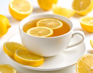 A cup of lemon tea surrounded by fresh lemon slices