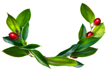 Elegant natural wreath with green leaves and red berries