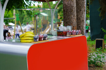 Colorful food stand offering fresh fruits and desserts in a bustling park setting during the...