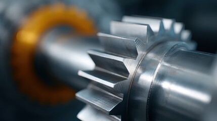 Close-up of industrial machine gears interlocking in vibrant metal mechanism with sharp details