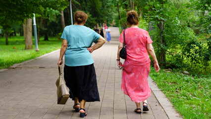 Two women stroll through a park path enjoying a sunny afternoon surrounded by greenery