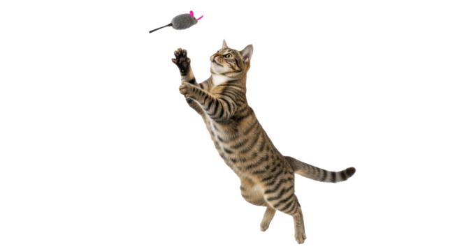 A tabby cat leaps high, paws outstretched, chasing a gray toy mouse against a black background space