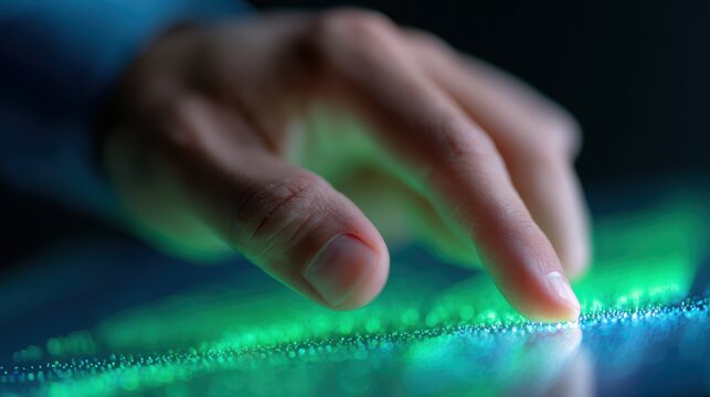 Close-up of a human hand interacting with a holographic interface displaying financial data, futuristic office. Blue and green light, ultra high definition. - Powered by Adobe
