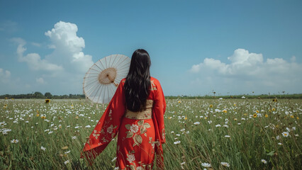 Rear view of an anonymous woman with long black hair and subtle facial features, wearing a vibrant red Asian traditional kimono with intricate golden embroidery and holding a delicate paper parasol