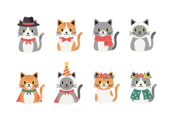Collection of eight cartoon cats wearing various accessories like a hat, scarf, bow tie, party hat, flower crown, and cape.