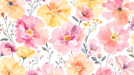 Obraz premium A seamless pattern of watercolor-style flowers and foliage. The flowers are various shades of pink and peach, with a soft, slightly muted color palette. The flowers have a rounded, full blossom shape.