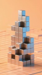 Fototapeta premium Stacked Metallic Cubes Forming a Pyramid on a Grid Surface