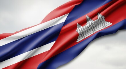 Waving flags of Thailand and Cambodia symbolizing international relations and cultural exchange