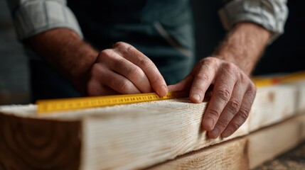 Close-up of hands measuring wood planks with tape measure in workshop