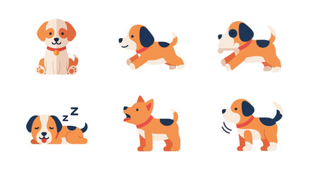 Fototapeta premium Six cartoon dog illustrations showing various actions: sitting, running, sleeping, barking, and wagging tail, against a white background.