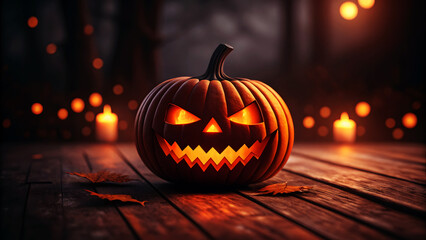 Fototapeta premium Glowing Jack O Lantern on Wooden Surface with Autumn Leaves