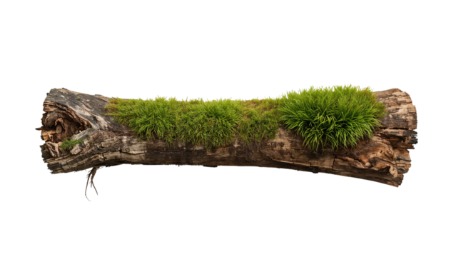 Decaying log adorned with vibrant green moss, a microcosm of forest life, isolated on