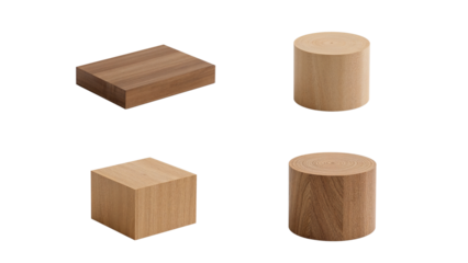 Wooden geometric solids, including cube, rectangle, and cylinder, isolated on a transparent