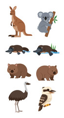 Obraz premium Illustration of Australian animals including a kangaroo, koala, platypus, wombat, emu, and kookaburra in a vertical arrangement.