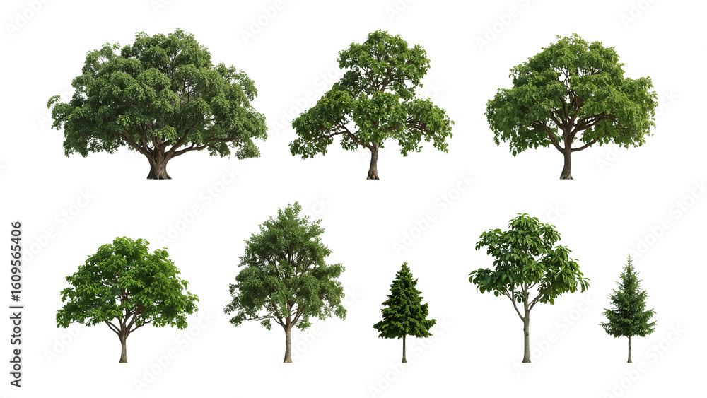 Poster isolated diverse tree collection against a transparent setting for design projects