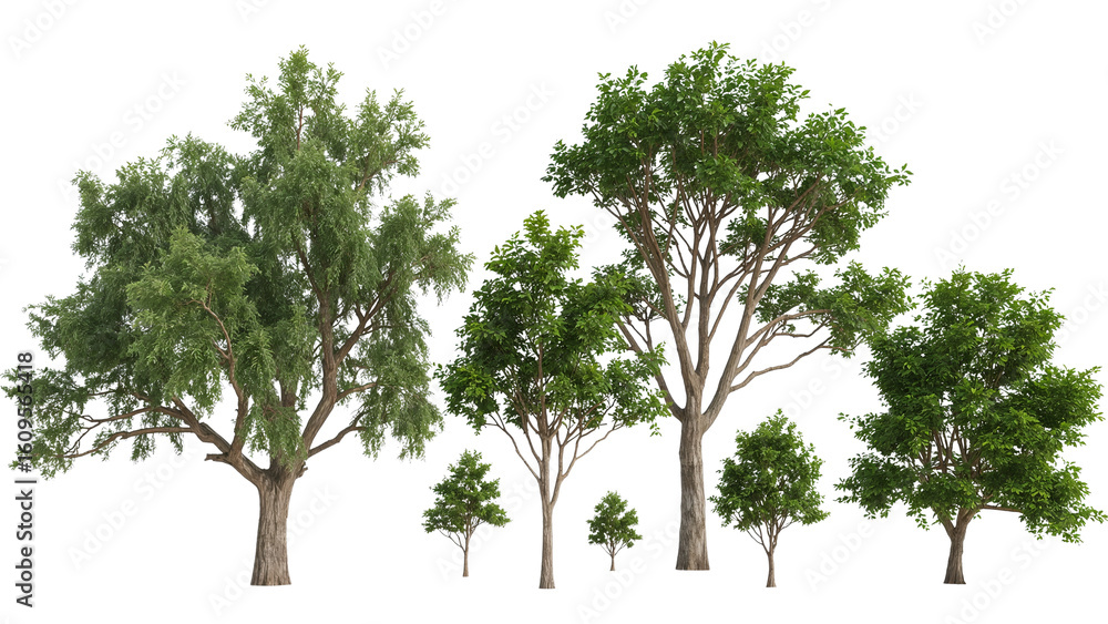 Poster collection of verdant deciduous trees exhibiting a range of sizes against an isolated transparent