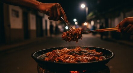 Authentic African Street Food Scene: Vendor Serving Sizzling Tibs at a Night Market