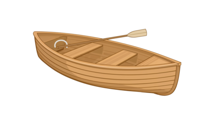 Illustrated wooden rowboat on a transparent setting, nautical vessel with oars for rowing,