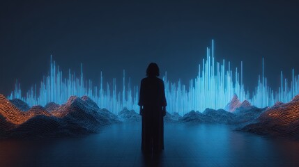 Silhouette figure in futuristic landscape