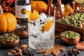 Refreshing, Bright Drink with Ice, Orange Zest, Juniper Berries, Cardamom, Pumpkin & Fall Aesthetics, Moody Lighting, Dark Background