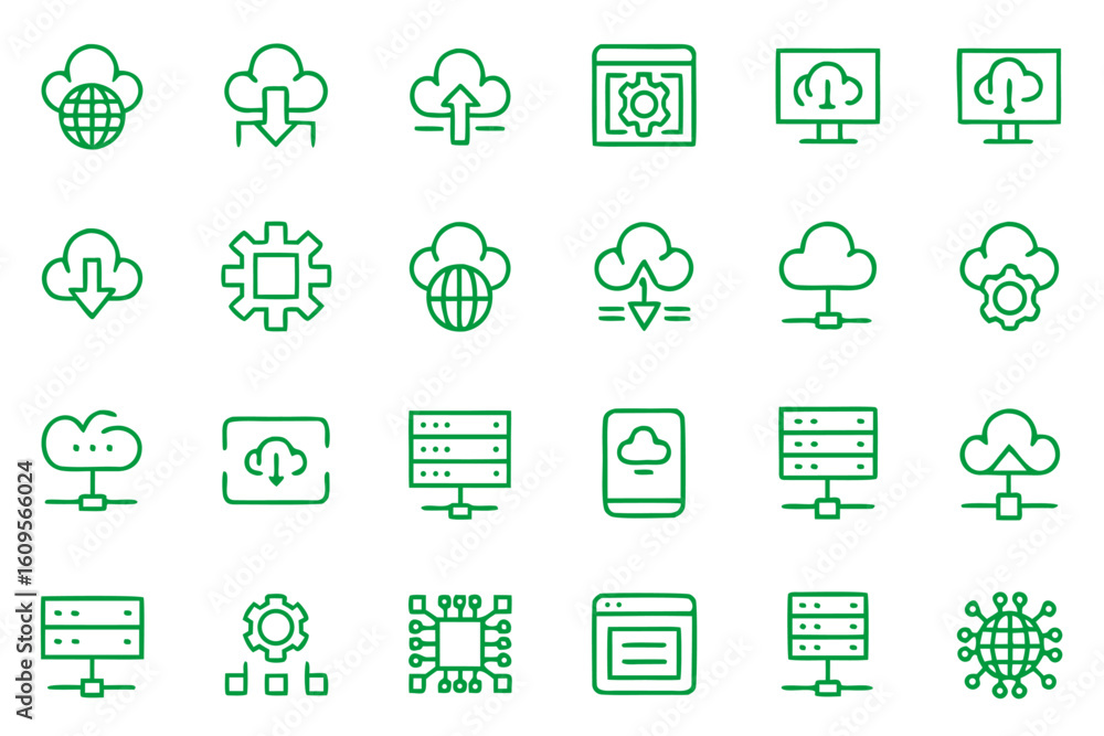 Poster collection of modern line art symbols representing various aspects of information technology and dig