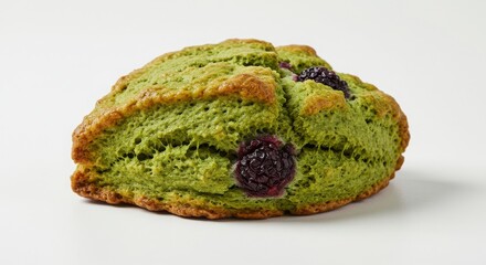 matcha and blackberry scone isolated on white background for bakery and dessert photography