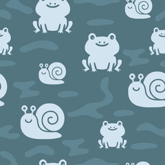 Cute Seamless Pattern with Frogs and Snails on Blue Background
