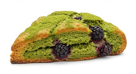 matcha and blackberry scone isolated on white background for bakery and dessert photography