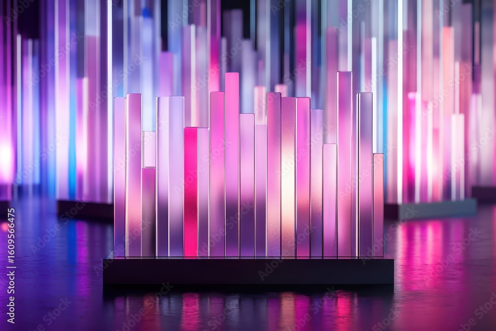 Poster abstract graphic design of translucent vertical columns in vibrant colors.